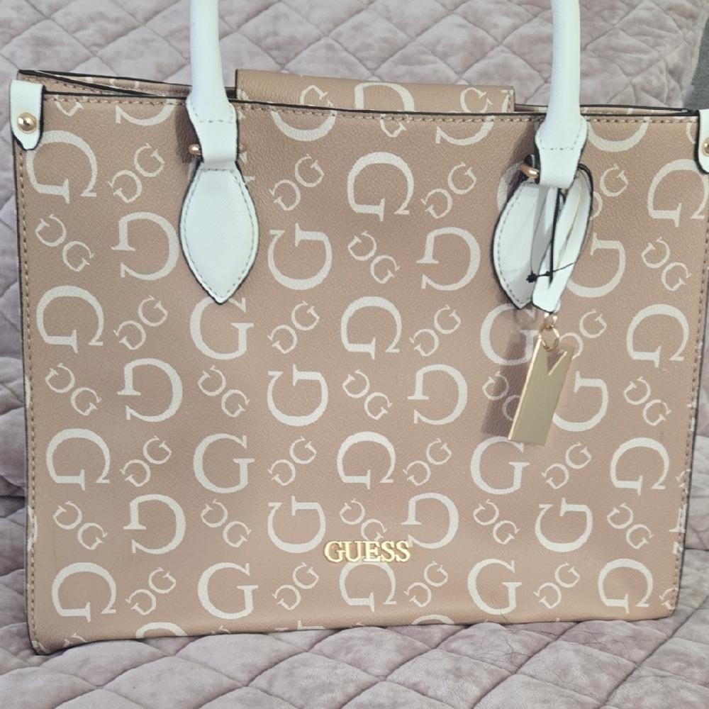 Guess Tan and White Monogram Tote